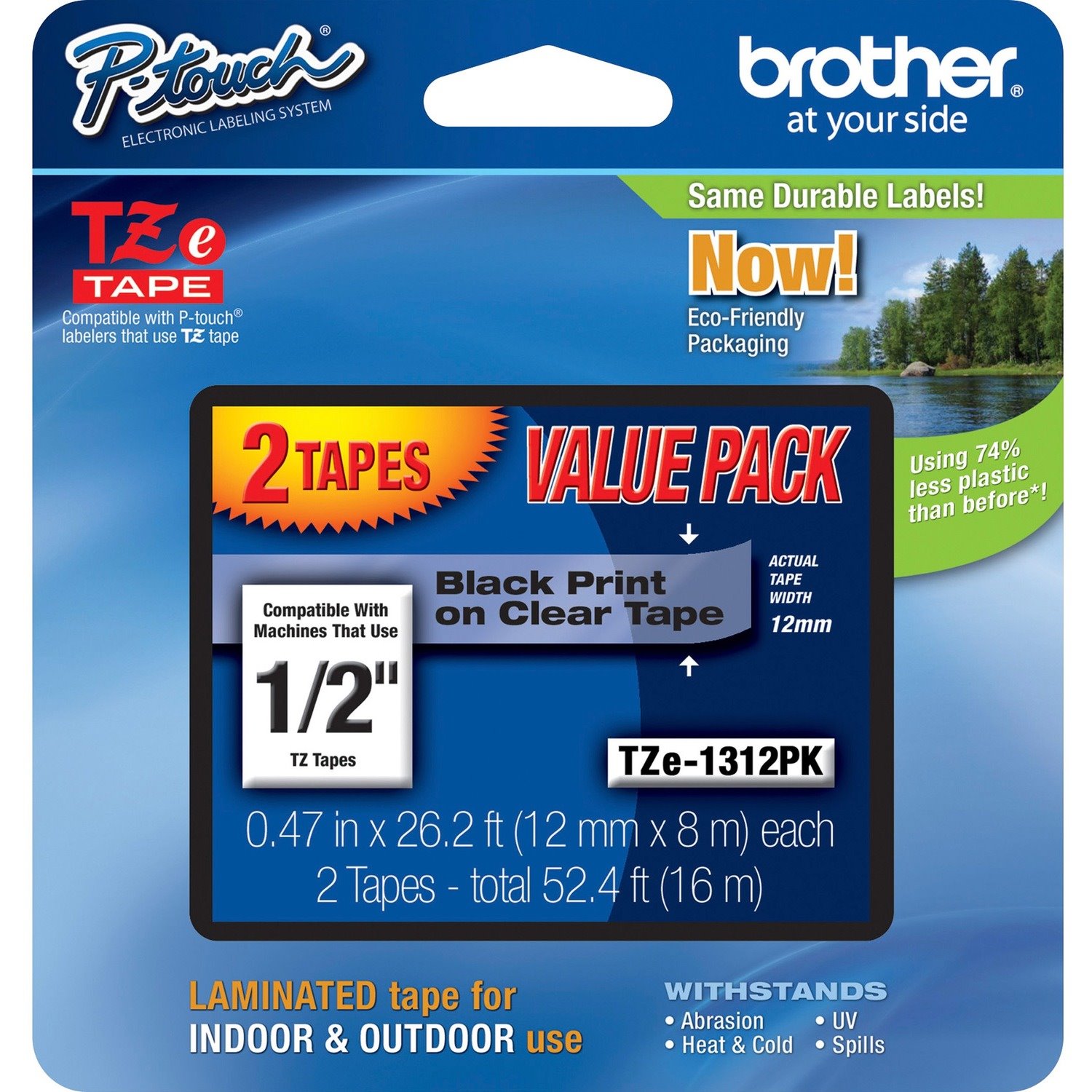 P-touch 1/2" Black/Clear Laminated TZe Tape Value Pack