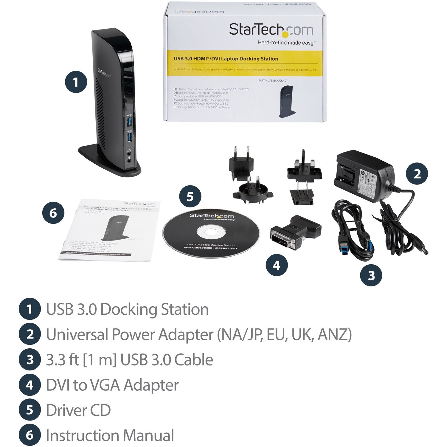 StarTech.com USB 3.0 Docking Station - Compatible with Windows / macOS - Supports Dual Displays - HDMI and DVI - DVI to VGA Adapter Included - USB3SDOCKHD