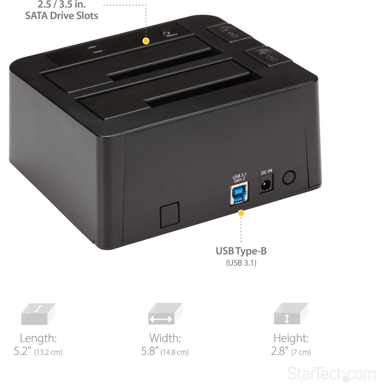 StarTech.com Dual-Bay USB 3.1 to SATA Hard Drive Docking Station, 2.5/3.5" SATA I/II/III, SSD/HDD Dock, USB Hard Drive Bay, Top-Loading