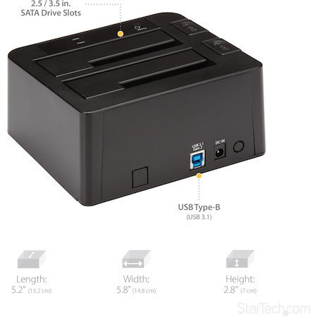 StarTech.com Dual-Bay USB 10Gbps to SATA Hard Drive Docking Station, 2.5/3.5" SATA I/II/III, SSD/HDD Dock, USB Hard Drive Bay, Top-Loading
