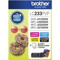 Brother LC233PVP Original Standard Yield Inkjet Ink Cartridge/Paper Kit - Magenta, Cyan, Yellow - 4 / Pack