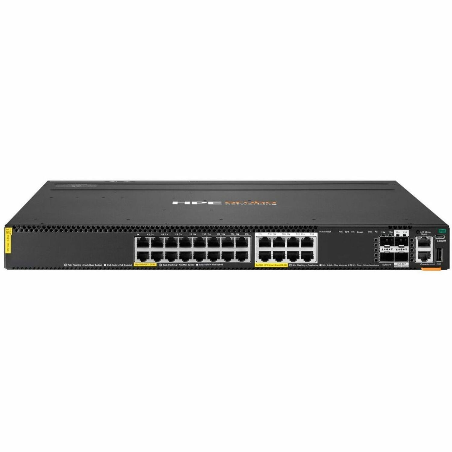 Aruba CX6300M 16p 1G 8p Smart Rate 10G Class8 PoE 2p SFP56 50G 2p SFP28 25G Switch