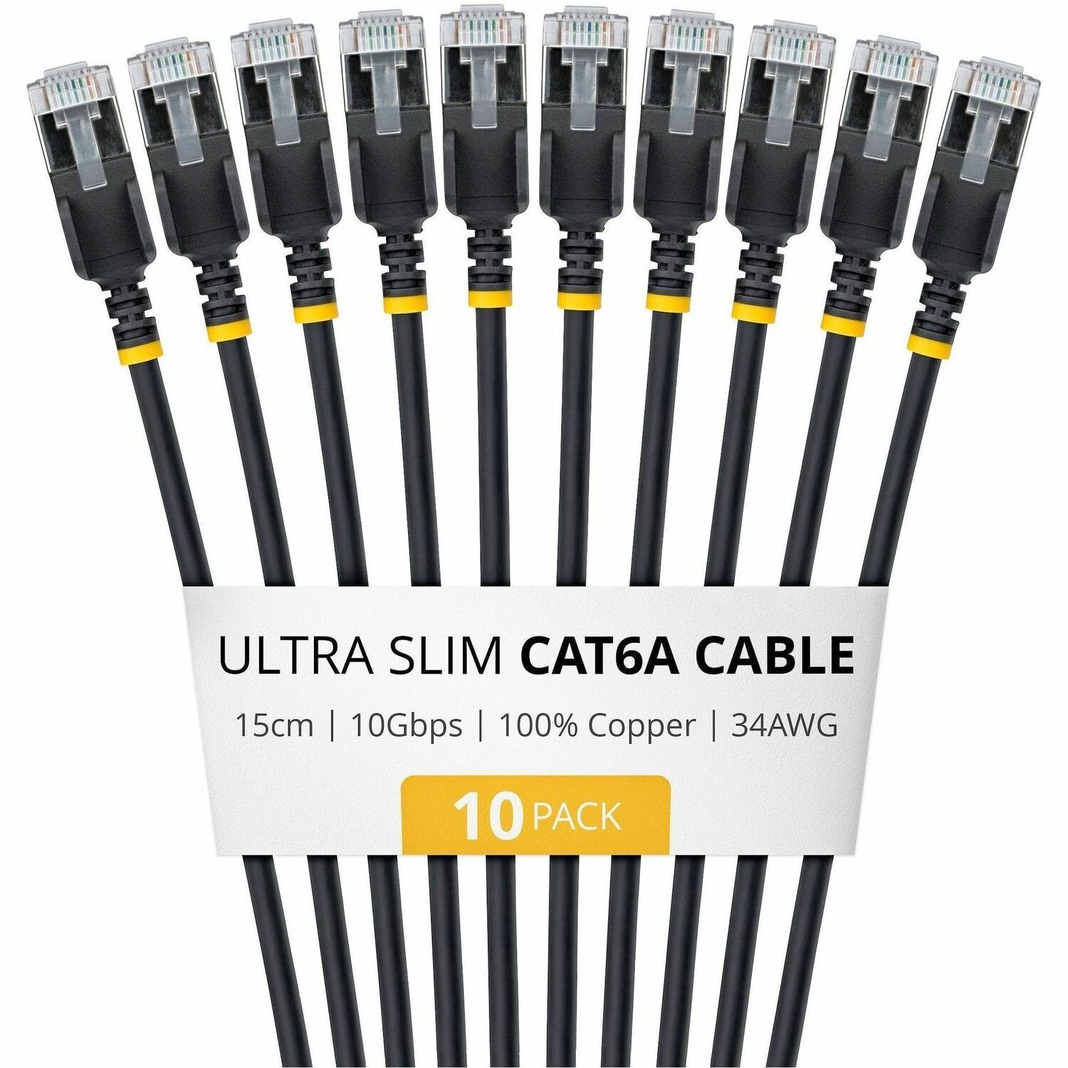 StarTech 15cm Black Ultra Slim Cat6A Ethernet Cable, 10 Pack, Snagless, FTP, Bare Copper Wire, 34AWG Ultra Slim RJ45 Patch Cord