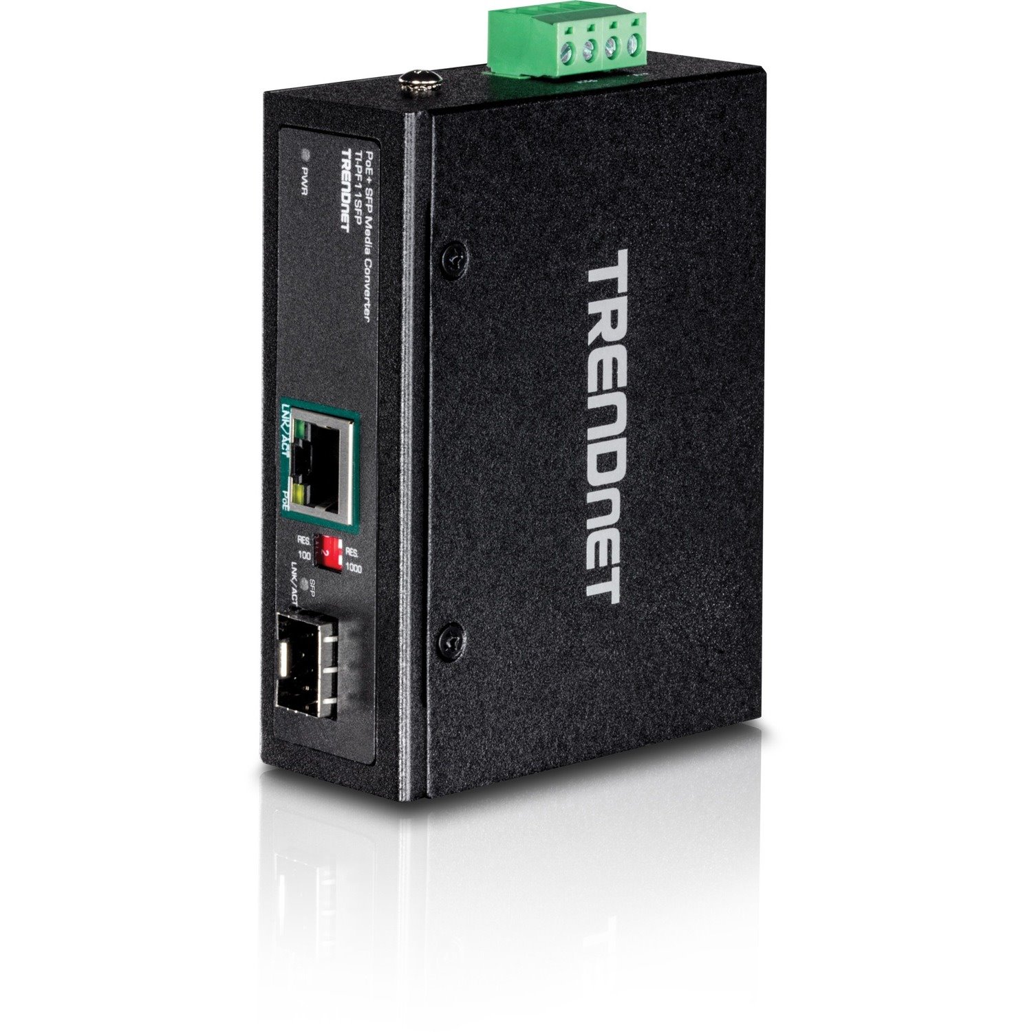 TRENDnet Industrial SFP to Gigabit PoE+ Media Converter, IP30 Rated Housing, Operating temperature range -40&deg;- 75 &deg;C to (-40&deg; - 167 &deg;F), TI-PF11SFP, Black