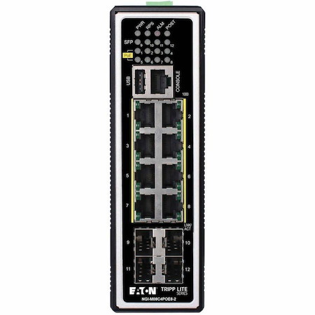 Eaton Tripp Lite Series 8-Port Managed Industrial Gigabit Ethernet Switch - Layer 2, 1 Gbps, PoE+ 30W, 4 GbE SFP Ports, -40° to 75°C, DIN Mount, TAA