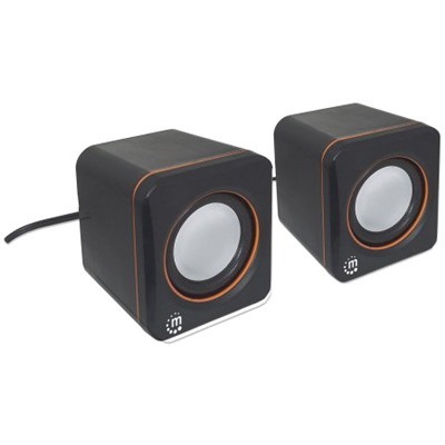 Manhattan 2600 Series Speaker System, Small Size, Big Sound, Two Speakers, Stereo, USB power, Output: 2x 3W, 3.5mm plug for sound, In-Line volume control, Cable 0.9m, Black, Three Year Warranty, Box