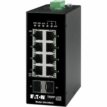 Eaton Tripp Lite Series 8-Port Unmanaged Industrial Gigabit Ethernet Switch - 10/100/1000 Mbps, 2 GbE SFP Slots, -40° to 75°C, DIN Mount, TAA