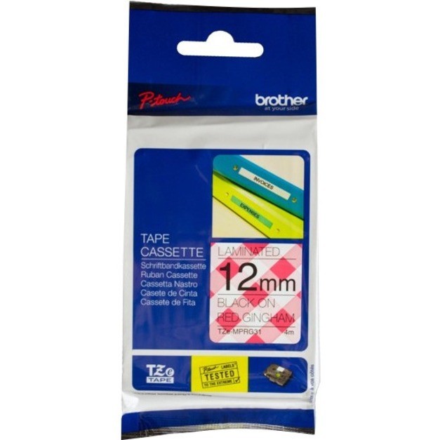 BROTHER TZE-MPRG31 PATTERN TAPE BLACK ON RED GINGHAM 12MM X 4M
