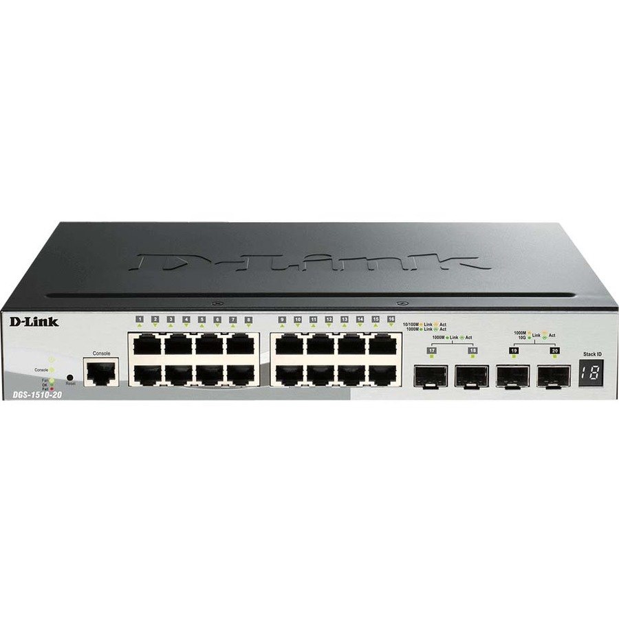 D-Link DGS-1510 DGS-1510-20 20 Poorten Beheer mogelijk Ethernetswitch - Gigabit Ethernet, 10Gigabit Ethernet - 1000Base-T, 10GBase-X, 1000Base-X