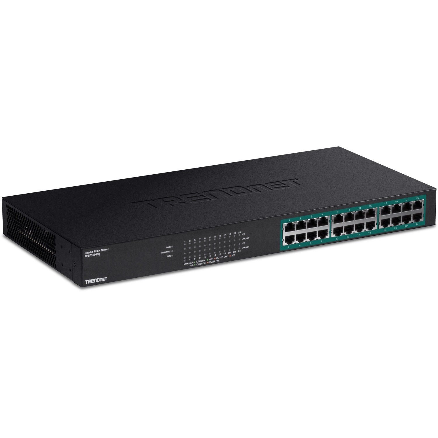 TRENDnet 24-Port Gigabit PoE+ Switch, 24 x Gigabit PoE+ Ports, 370W Power Budget, 48Gbps Switch Capacity, RackMount Kit Included, Ethernet Network Switch, Metal, Lifetime Protection, Black, TPE-TG240G