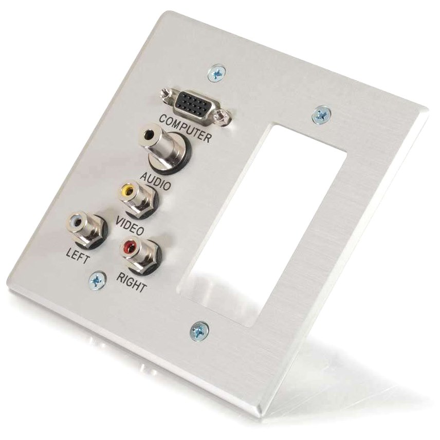 C2G VGA, 3.5mm Audio, Composite Video and RCA Stereo Audio Pass Through Double Gang Wall Plate with One Decorative Style Cutout - Brushed Aluminum