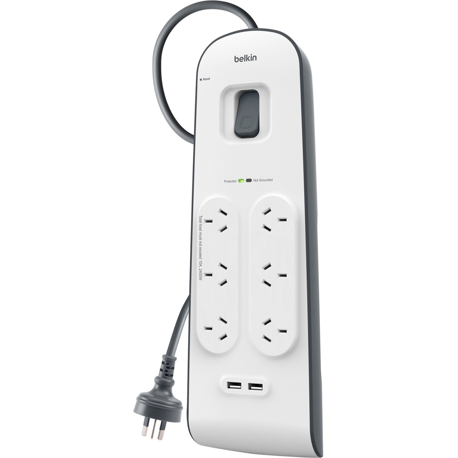 BELKIN 6 OUTLET SURGE PROTECTOR WITH 2M CORD WITH 2 USB PORTS (2.4A), 2YR WTY
