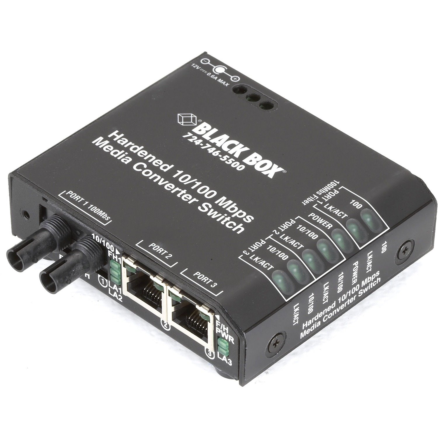 Black Box Fast Ethernet (100-Mbps) Hardened Temperature Switch - (2) 10/100-Mbps Copper RJ45, (1) 100-Mbps Multimode Fiber, 1300nm, 2km, ST, 12V DC-Power