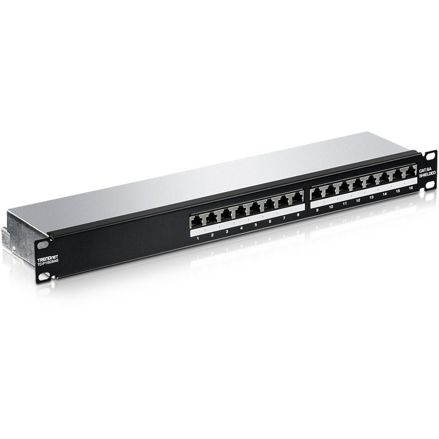 TRENDnet 16-Port Cat6A Shielded Patch Panel, 1U 19" Metal Housing, 10G Ready, Cat5e,Cat6,Cat6A Compatible, Cable Management, Color-Coded Labeling for T568A and T568B Wiring, Black, TC-P16C6AS