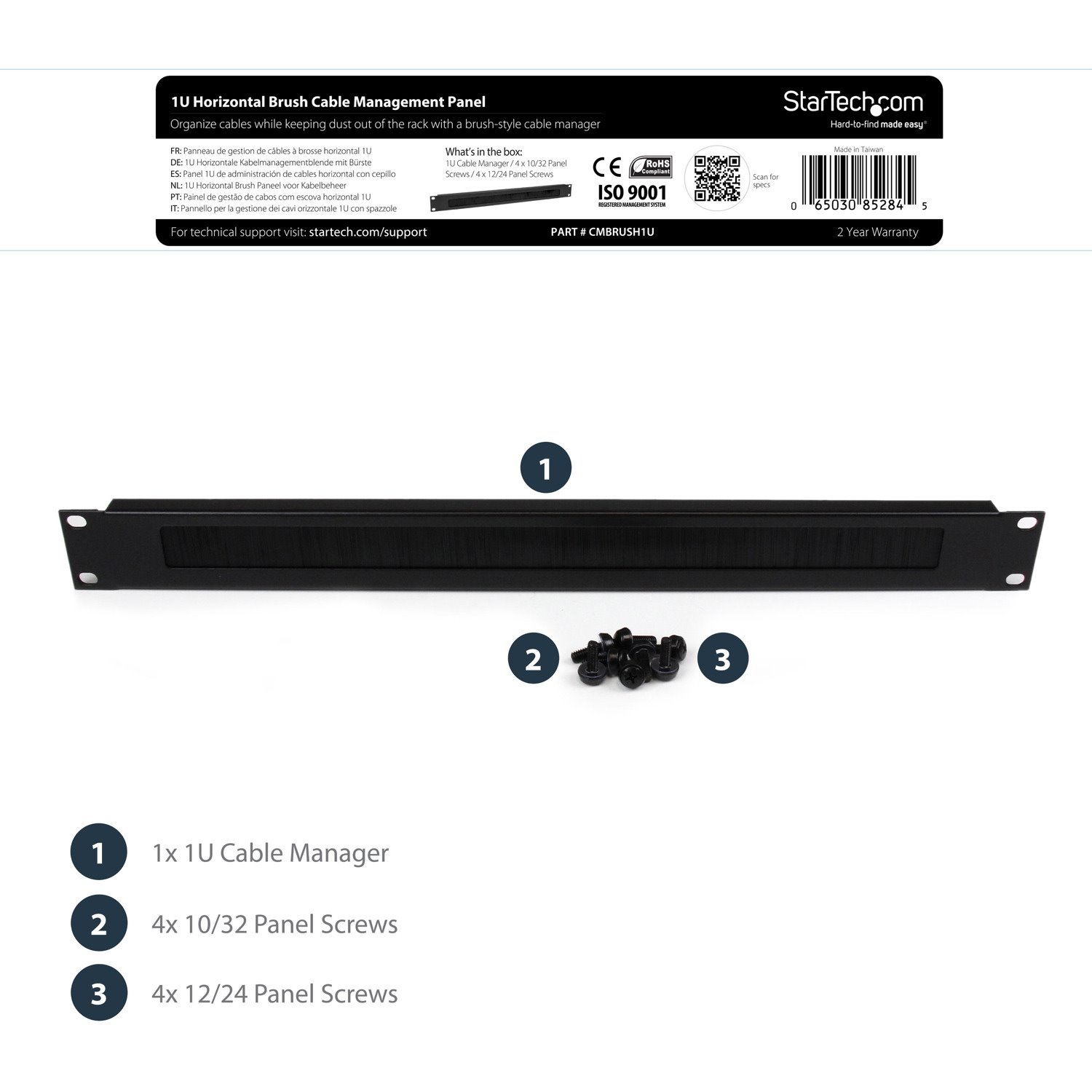 StarTech.com 1U Brush Strip Horizontal Server Rack Cable Management Panel