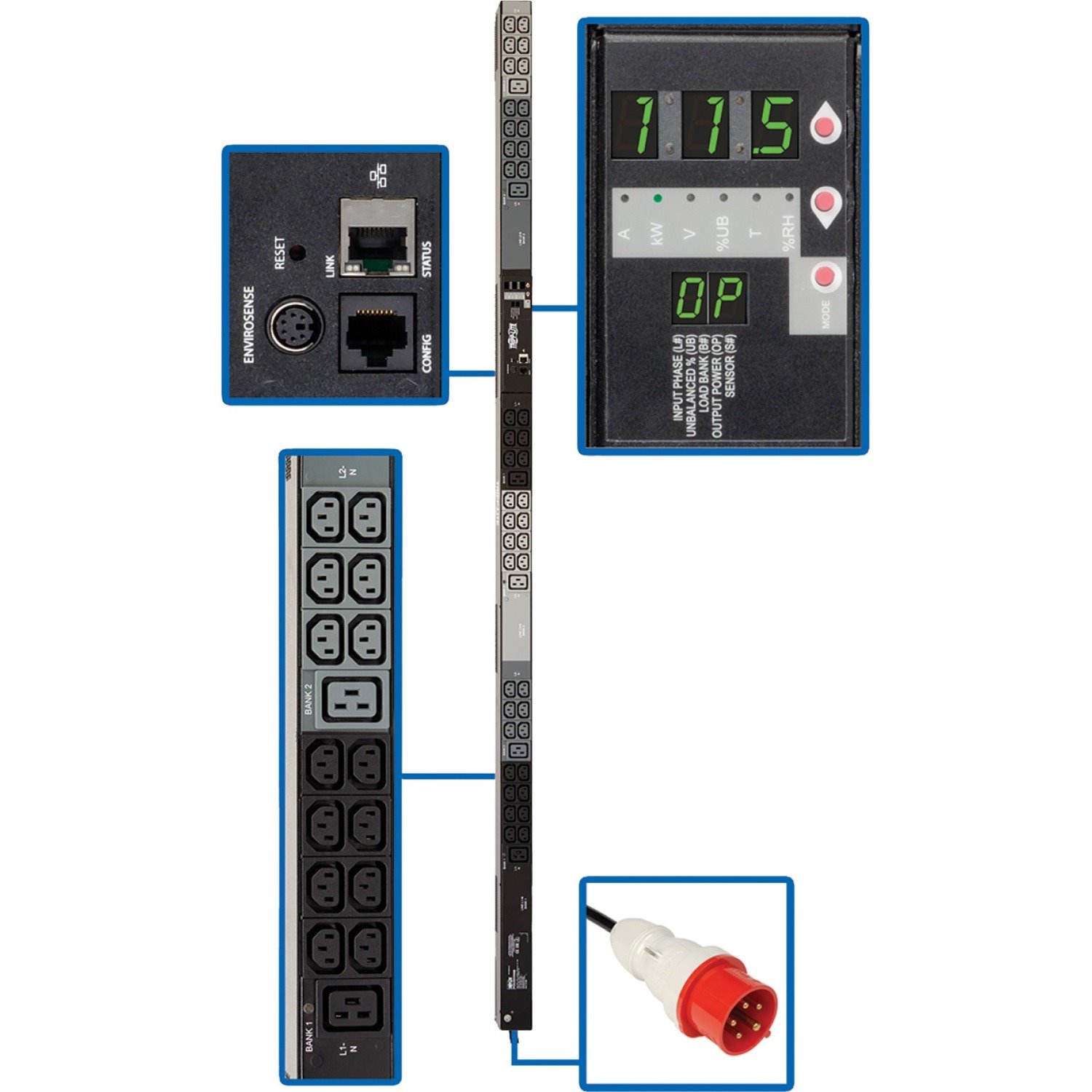 Tripp Lite by Eaton 11.5kW 3-Phase Monitored PDU, 208-240V Outlets (42 C13, 6 C19), IEC309 16/20A Red, 360-415V Input, 0U, TAA