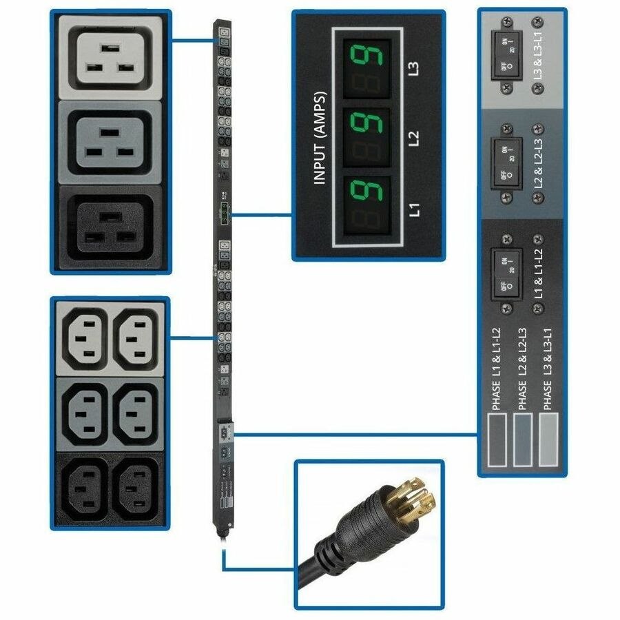 Eaton Tripp Lite Series 8.6kW 3-Phase Local Metered PDU, 208/120V Outlets (36 C13, 6 C19, 6 5-15/20R), 208V L21-30P, 6 ft. (1.83 m) Cord, 0U Vertical, TAA