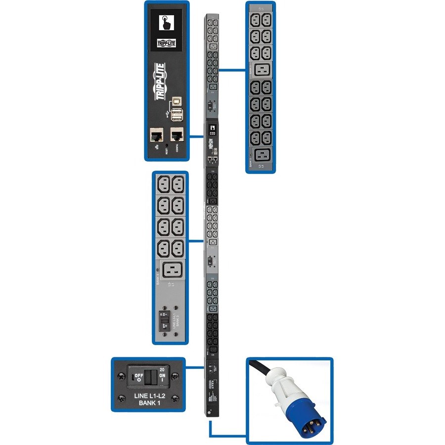 Tripp Lite by Eaton 10kW 200-240V 3PH Monitored PDU - LX Interface, Gigabit, 48 Outlets, IEC-309 30A Blue Input, LCD, 1.8 m Cord, 0U 1.8 m Height, TAA