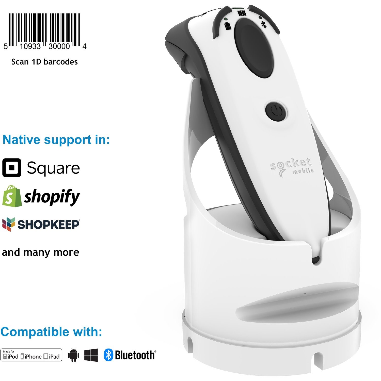 Socket Mobile DuraScan D730 Handheld Barcode Scanner - Wireless Connectivity - White