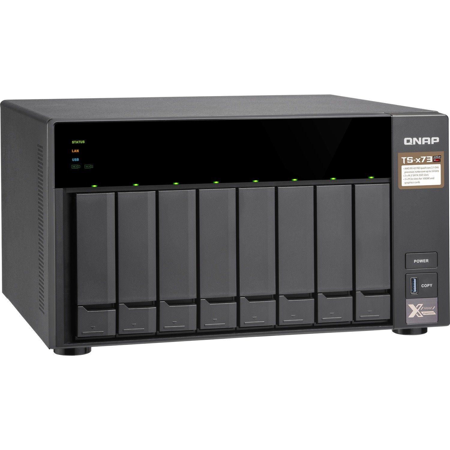 QNAP TS-873 8 x Total Bays SAN/NAS Storage System - 512 MB Flash Memory Capacity R-Series RX-421ND Quad-core (4 Core) 2.10 GHz - 4 GB RAM - DDR4 SDRAM Tower