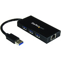 StarTech.com 3 Port Portable USB 3.0 Hub with Gigabit Ethernet Adapter NIC - 5Gbps - Aluminum w/ Cable