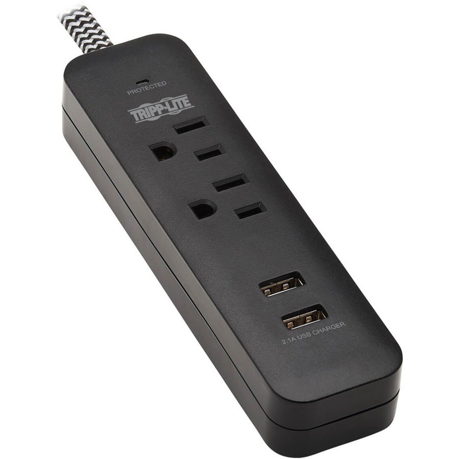 Eaton Tripp Lite Series 2-Outlet Surge Protector with 2 USB Ports (2.1A Shared) - 6 ft. Cord, 5-15P Plug, 450 Joules, Black