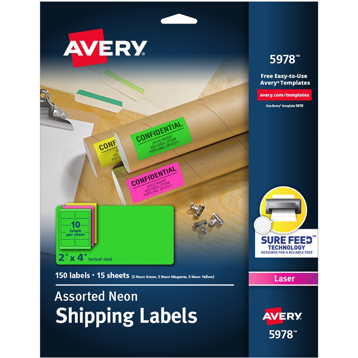 Avery&reg; 2"x4" Neon Shipping Labels, Sure Feed, 150 Labels (5978)