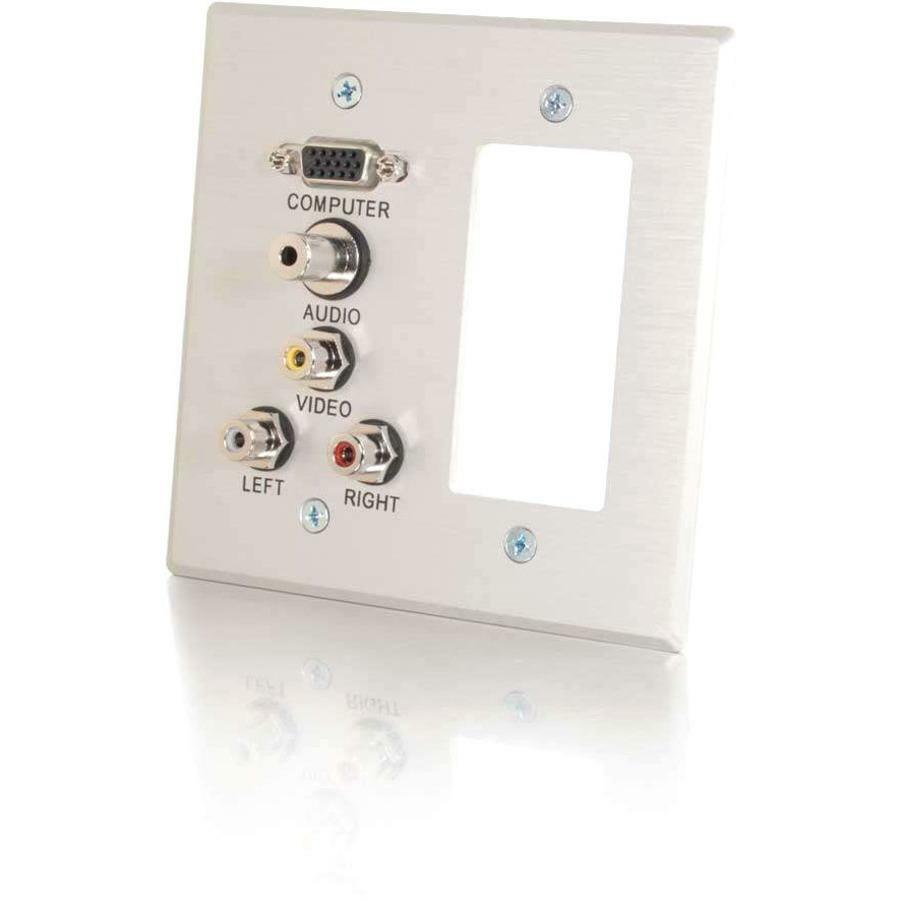 C2G VGA, 3.5mm Audio, Composite Video and RCA Stereo Audio Pass Through Double Gang Wall Plate with One Decorative Style Cutout - Brushed Aluminum