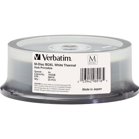 Verbatim M DISC BDXL - 4x - 100 GB - Thermal Printable, Hub Printable - 25pk Spindle