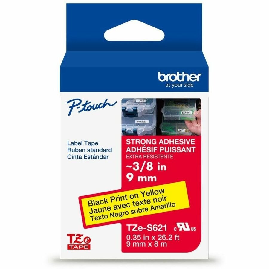 Brother Genuine P-touch TZeS621 BK on YL Label Tape, Strong Adhesive Lam., 9mmX8m