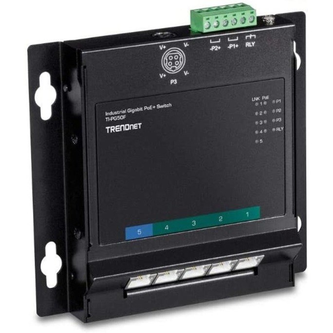 TRENDnet 5-Port Industrial Gigabit Poe+ Wall-Mounted Front Access Switch; 5X Gigabit Poe+ Ports; DIN-Rail Mount; 48 57V DC Power Input; IP30; 120W Poe Budget;Lifetime Protection; TI-PG50F