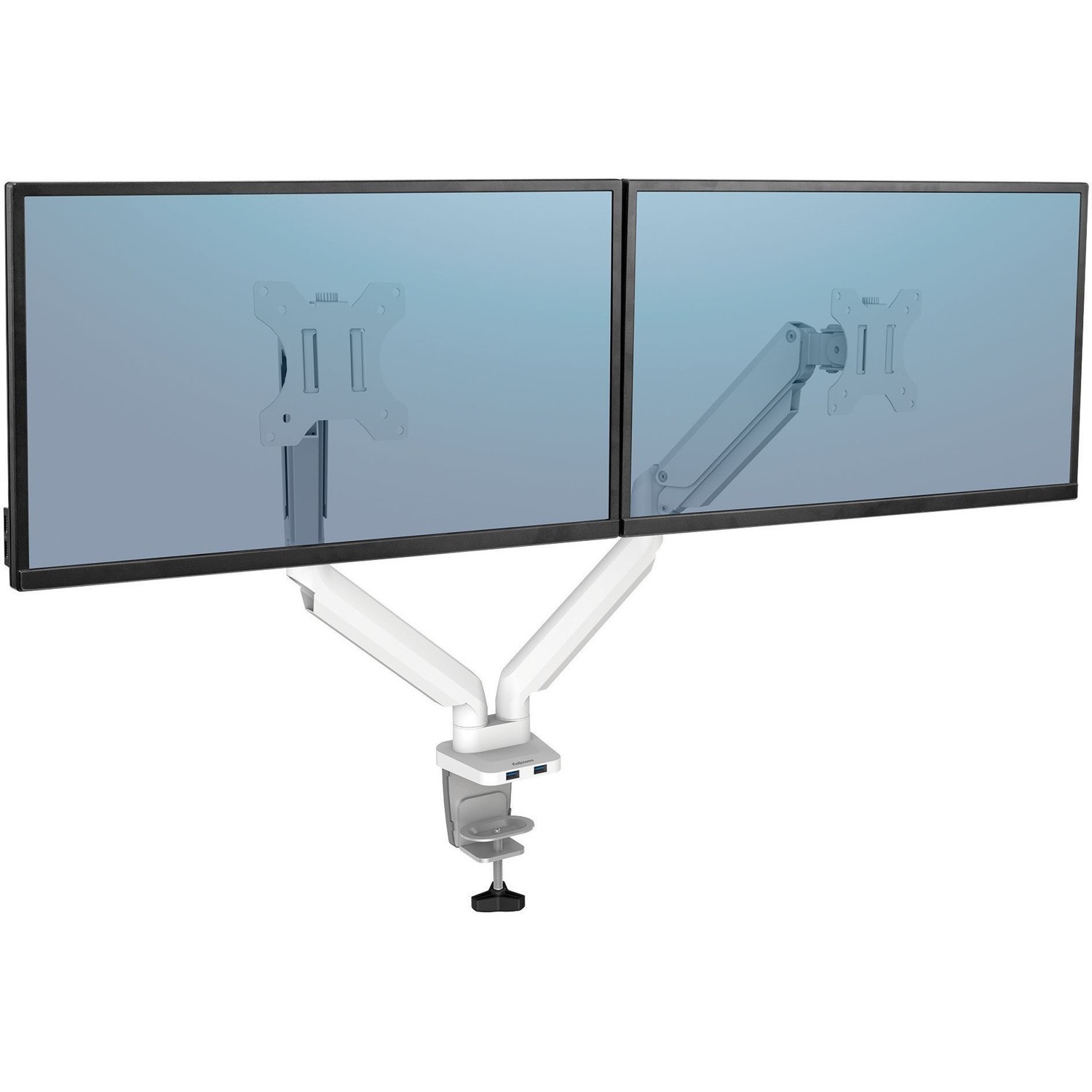 Fellowes Platinum Series High Quality Dual Monitor Arm for 40-Inch Monitors, Full Motion, 360&deg; Rotation, VESA Mount with Grommet or Clamp, USB Ports, Ergonomic, White