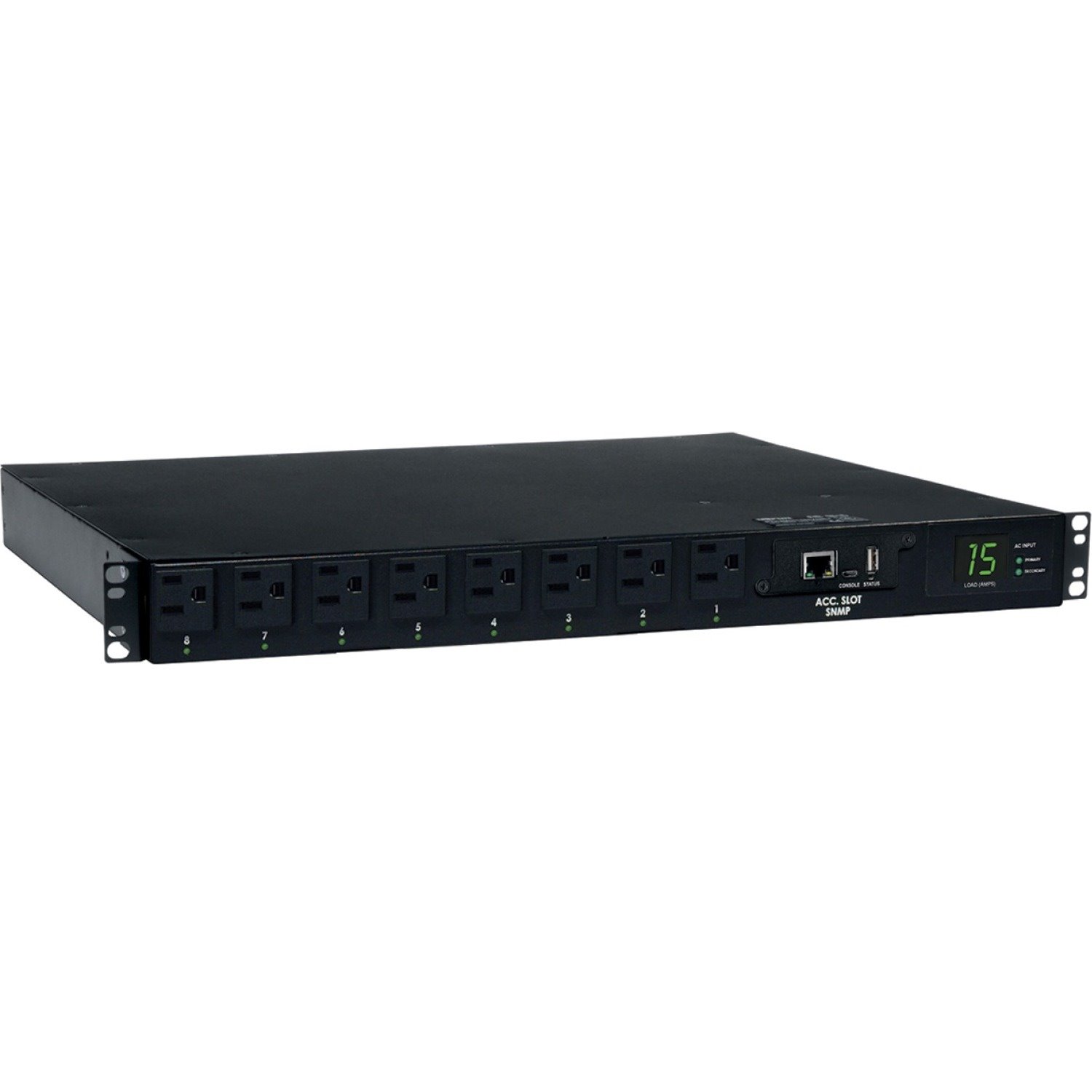 Eaton Tripp Lite Series 1.4kW Single-Phase Switched Automatic Transfer Switch PDU, 2 120V 5-15P 15A Inputs, 8 5-15R Outputs, 1U, TAA