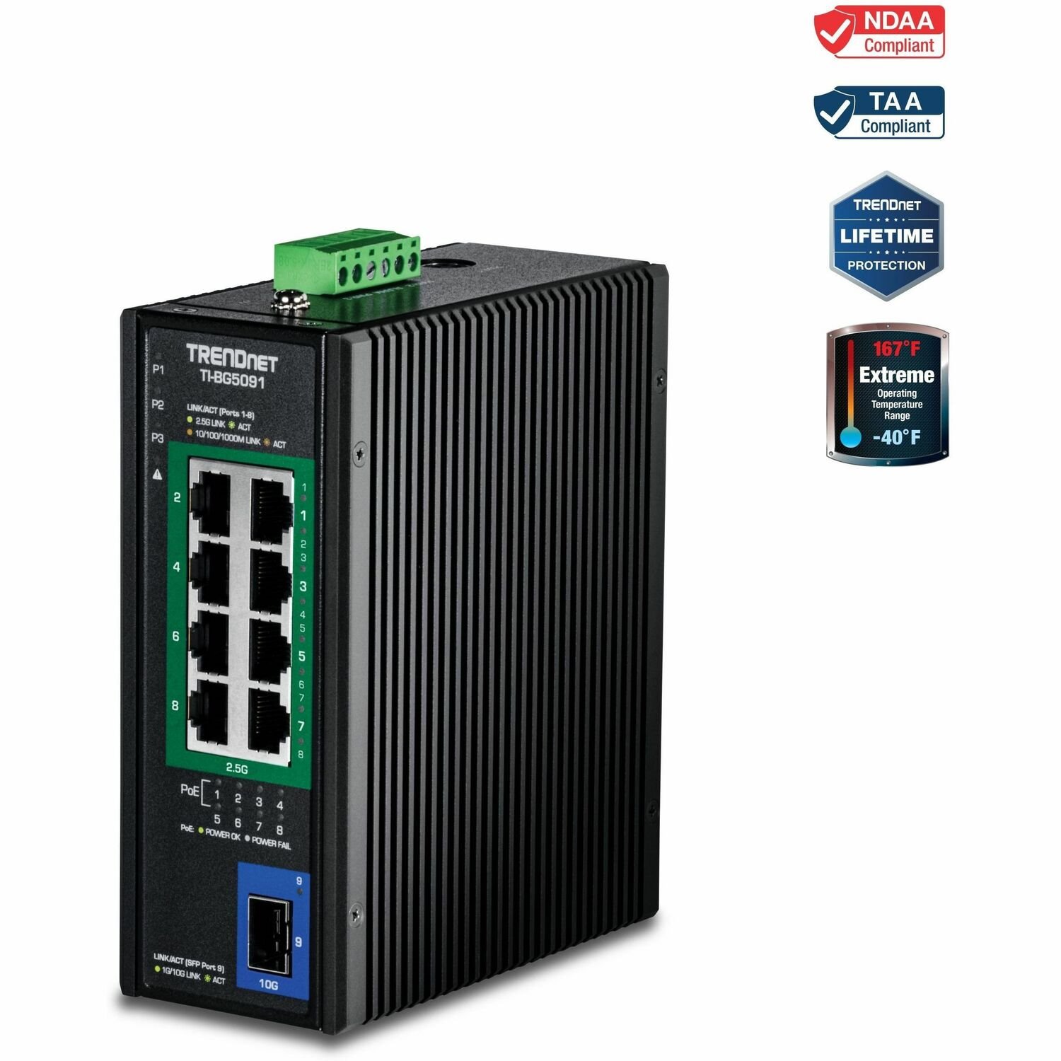 TRENDnet 9-Port Industrial 2.5G DIN-Rail PoE++ Switch with 10G SFP+ Port, TI-BG5091, Multi-Gigabit, 8 x 2.G PoE++ Ports, 1 x 10G SFP+ Port, 480W PoE Power Budget, 60Gbps, Lifetime Protection, Black