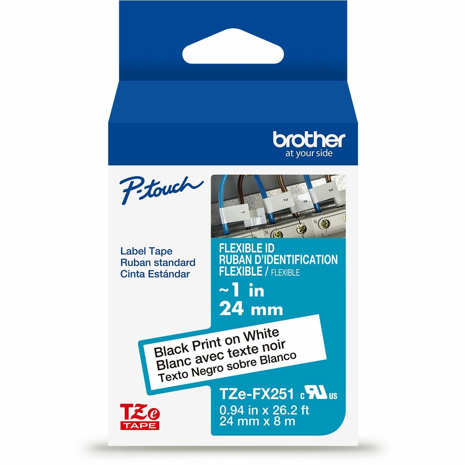 Brother Genuine P-touch TZeFX251 BK on WHT Label Tape, Flexible ID Laminated, 24mmX8m