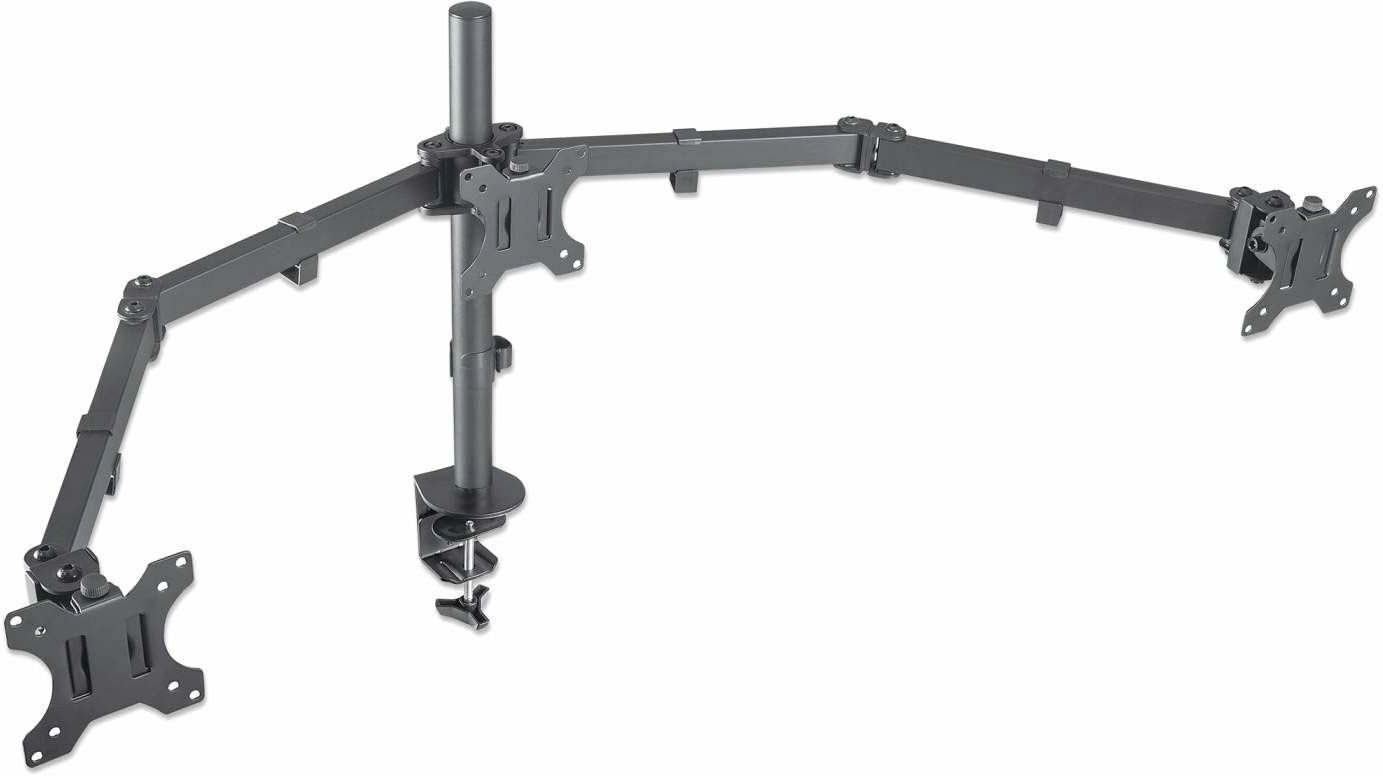 Triple Desk Mount for TV & Monitors, For screens: 10" to 27" , Clamp Assembly, VESA compatability: 75x75 and 100x100mm - check the dimensions of the four mounting holes on back of screen to ensure it fits, Max 7kg (each), Black, Bracket, Lifetime Warranty