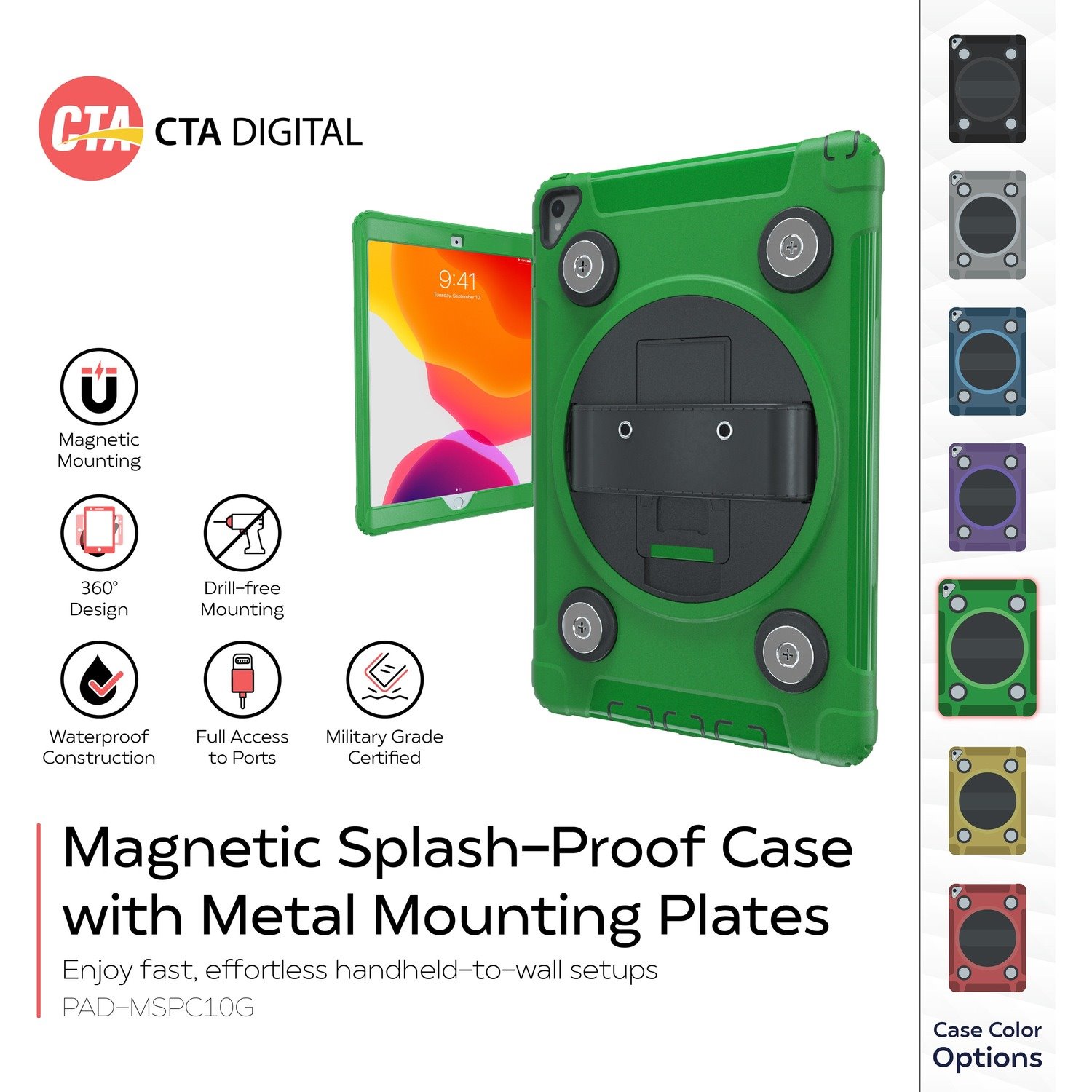 CTA Digital Magnetic Splash-Proof Case with Metal Mounting Plates for iPad 7th/ 8th/ 9th Gen 10.2, iPad Air 3, iPad Pro 10.5, Green