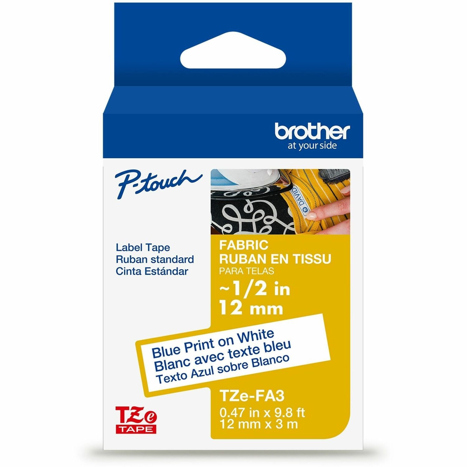 Brother Genuine P-touch TZeFA3 NVY BL on WHT Fabric Label Tape, 12mmX3m