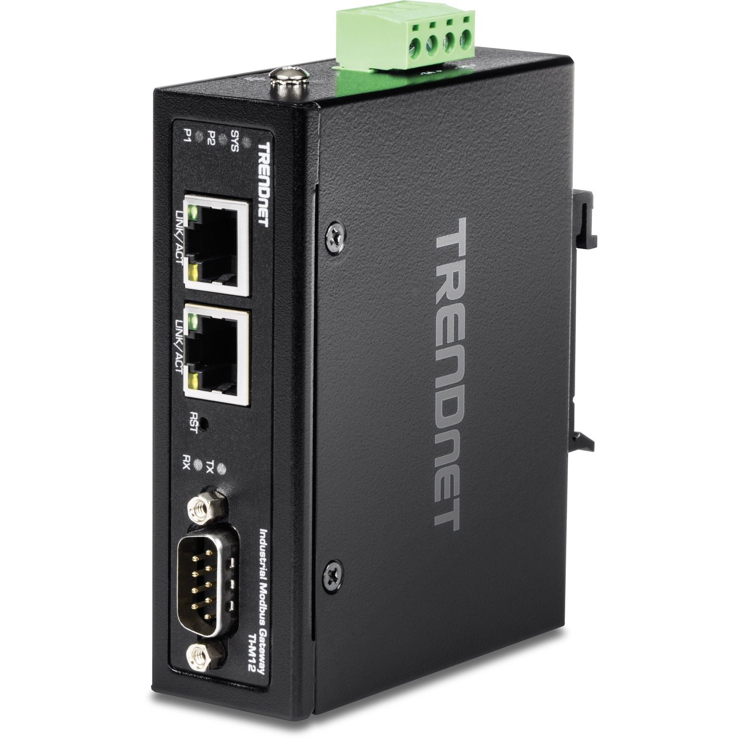 TRENDnet 1-Port Fast Ethernet Industrial Modbus Gateway, 1 x Serial DB-9 Port, 2 x Fast Ethernet Ports, Up to 100m (328 ft), IP30 Rated Housing, Extreme Temperature Protection, Black, TI-M12