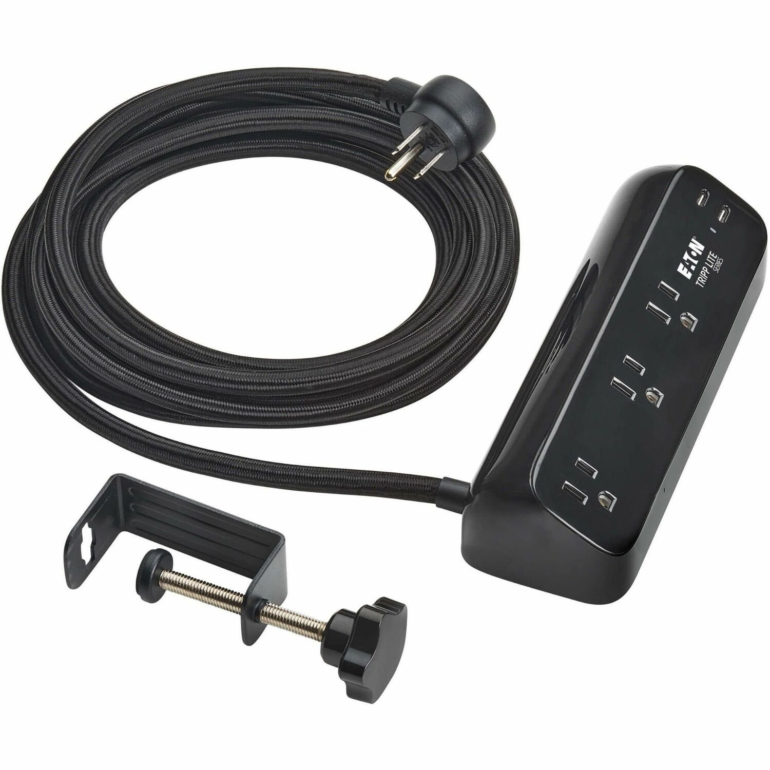 Eaton Tripp Lite Series Protect It! 3-Outlet Surge Protector with 2 USB-C Ports - 5-15R Outlets, 900 Joules, 30W PD Charging, Desk Clamp, 10 ft. (3 m) Braided Cord, Black