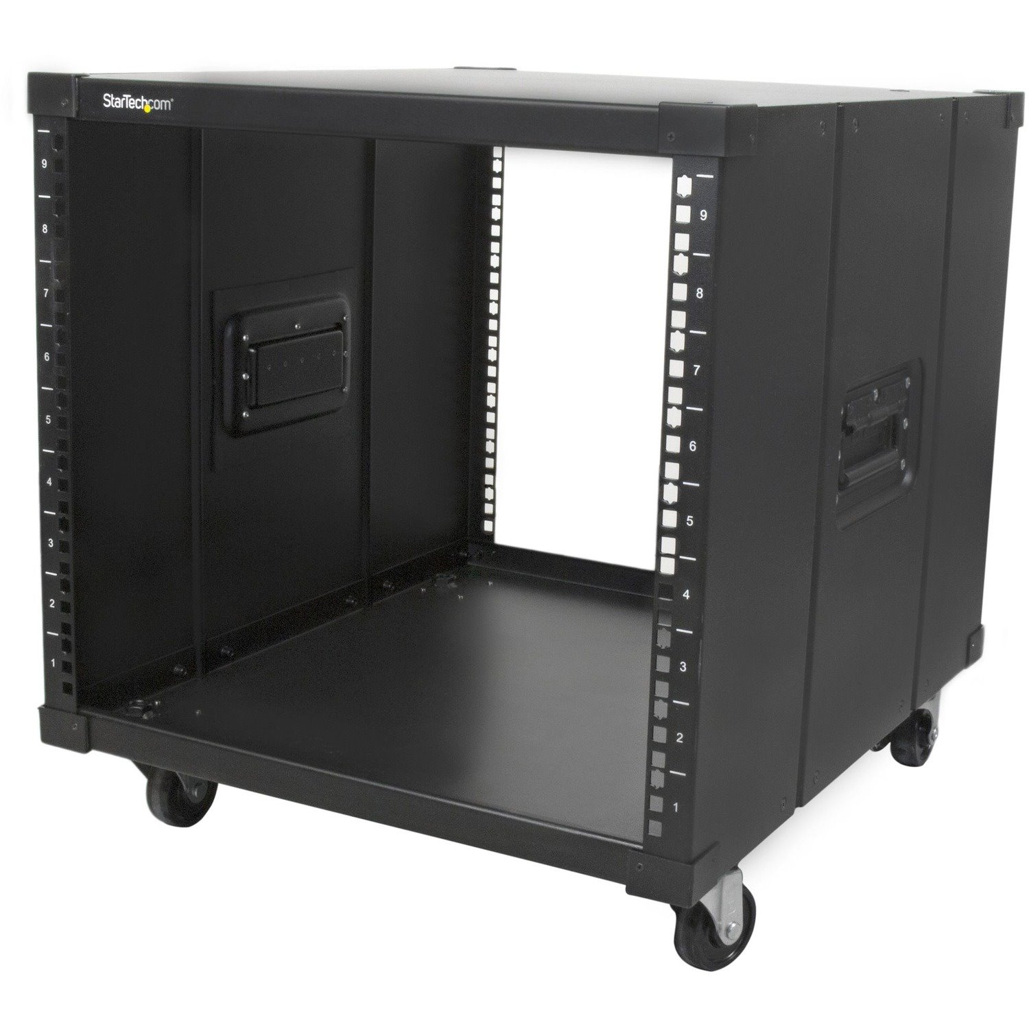 StarTech.com 4-Post 9U Mobile Open Frame Server Rack, 19" Network Rolling Rack for Narrow Spaces, Small Data Rack with Casters, TAA