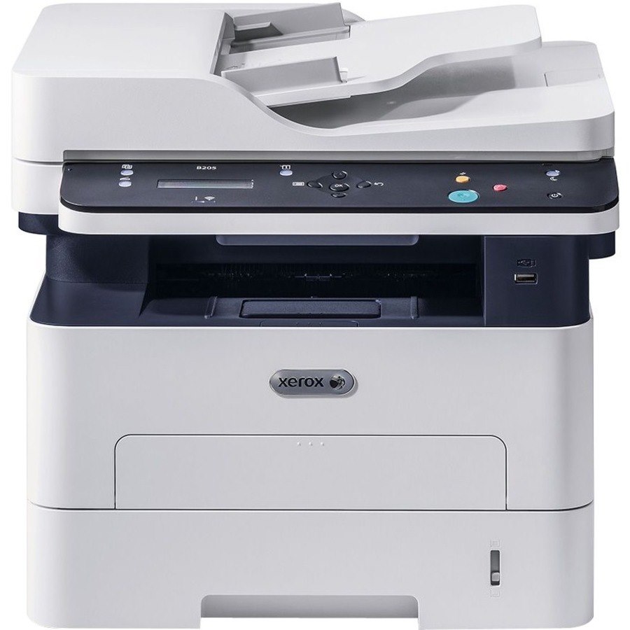 Xerox B205 Laser Multifunction Printer-Monochrome-Copier/Scanner-31 ppm Mono Print-1200x1200 dpi Print-Manual Duplex Print-30000 Pages-251 sheets Input-1200 dpi Optical Scan-Wireless LAN-Apple AirPrint-Mopria-Xerox Mobile Print