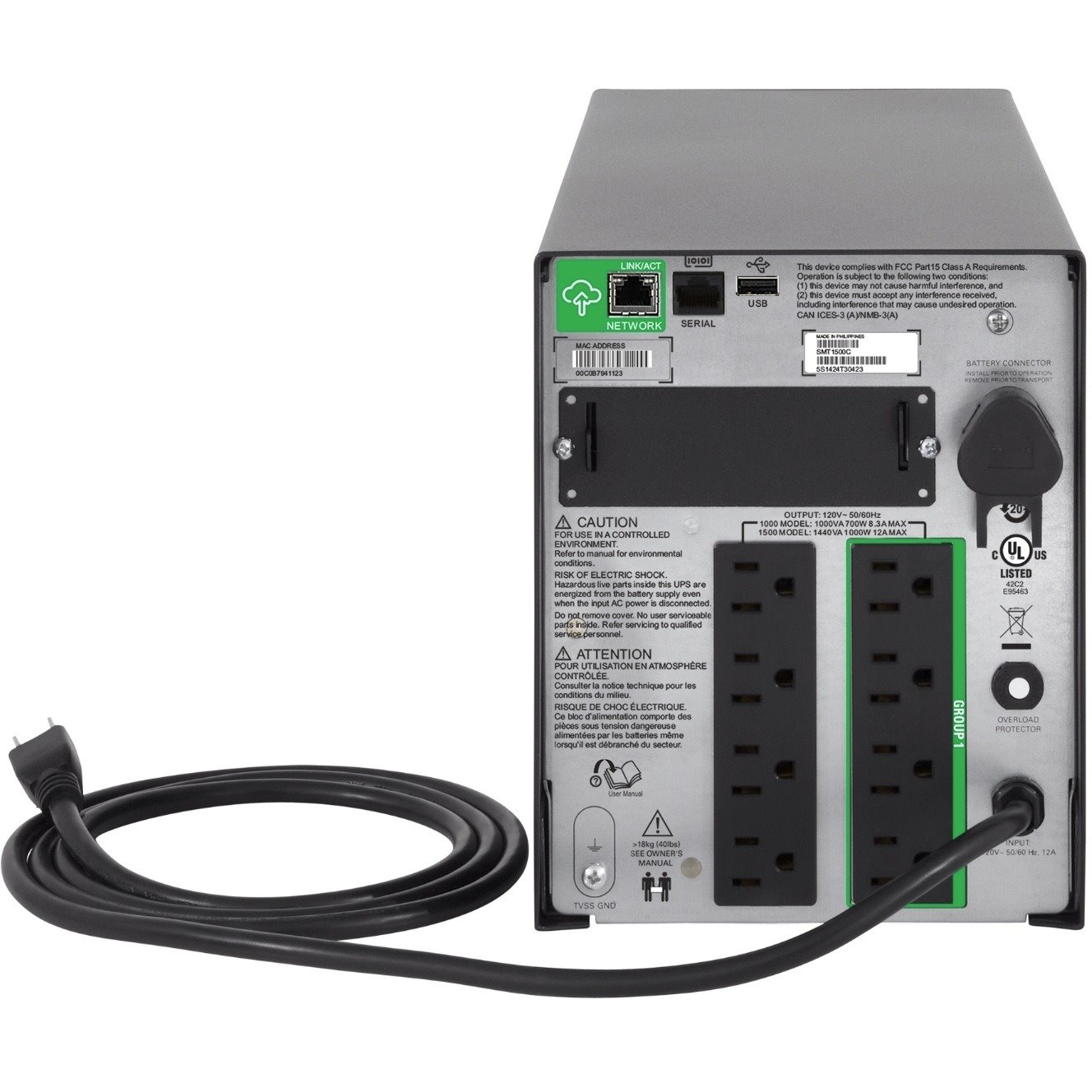 [TAA] APC Smart-UPS, Line Interactive, 1500VA, Tower, 120V, 8x NEMA 5-15R outlets, SmartConnect Port+SmartSlot, AVR, LCD, TAA