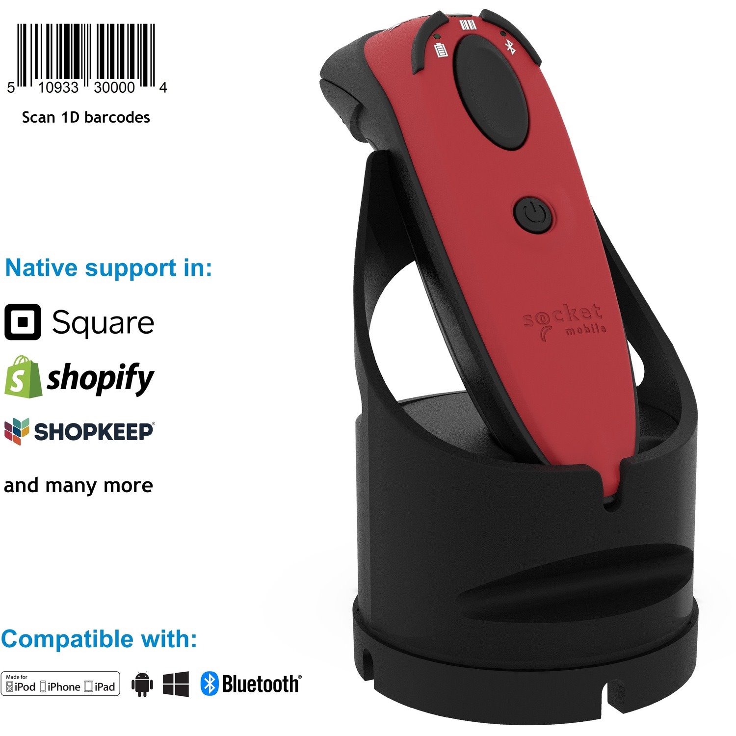 Socket Mobile DuraScan D730 Handheld Barcode Scanner - Wireless Connectivity - Red