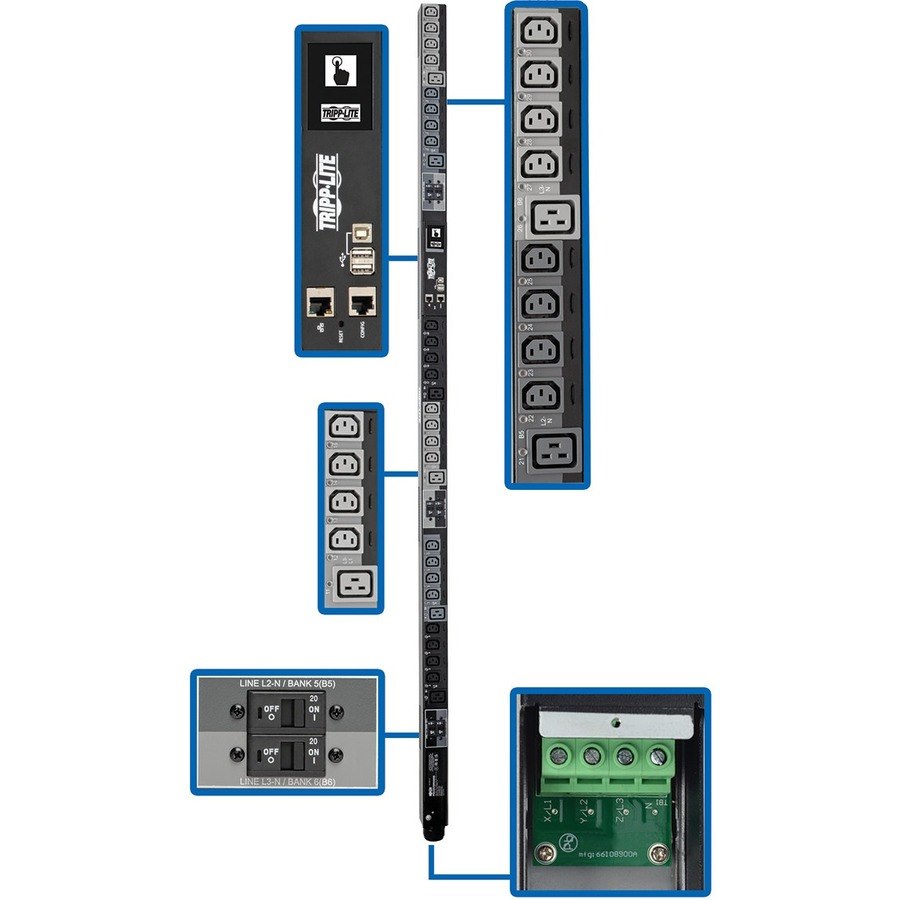 Eaton Tripp Lite Series 28.8kW 220-240V 3PH Switched PDU - LX Interface, Gigabit, 30 Outlets, Hardwire 380-415V Input, LCD, 1.8 m Cord, 0U 1.8 m Height, TAA