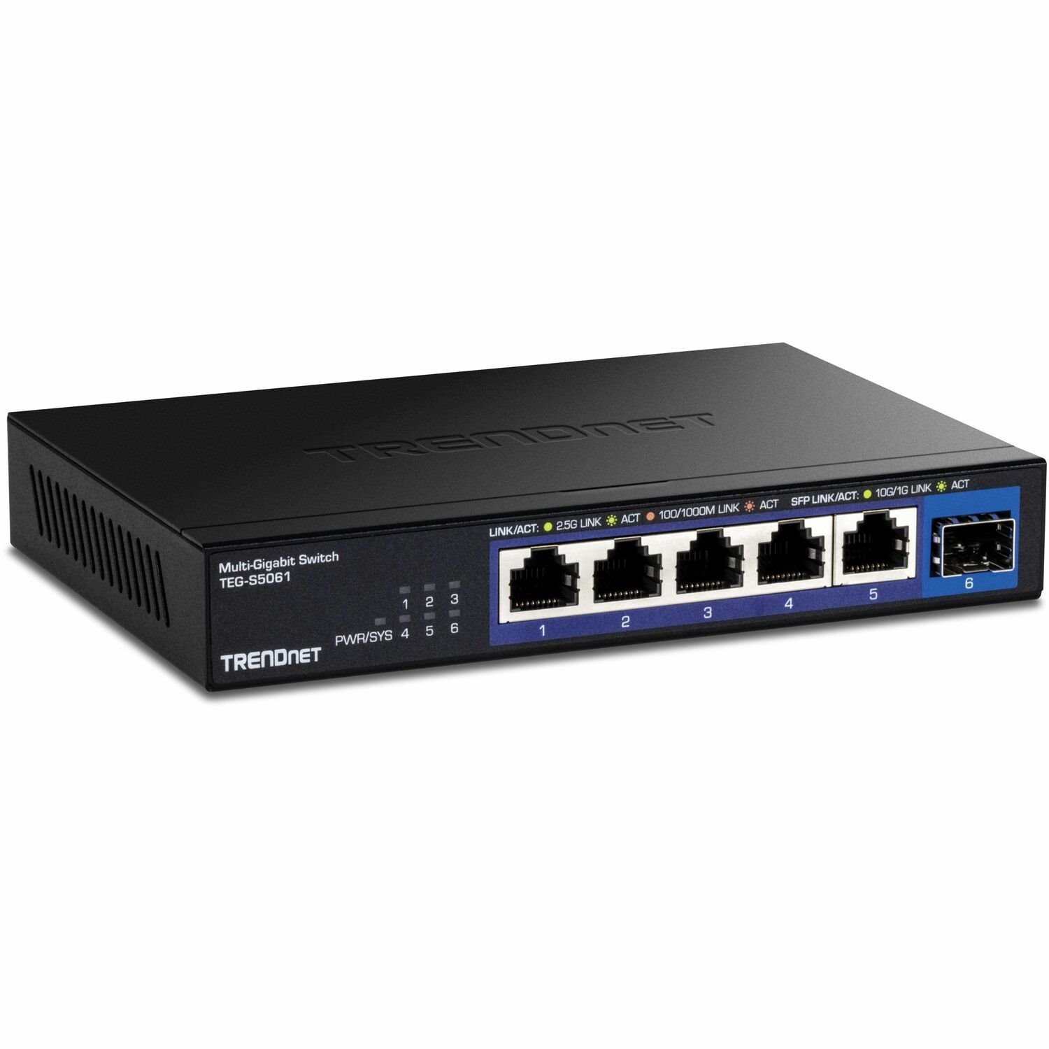 TRENDnet 6-Port Unmanaged 2.5G Switch with 10G SFP+ Port, TEG-S5061, 5 x 2.5GBASE-T Ports, 45Gbps Switching Capacity, Fanless, Wall Mountable, Lifetime Protection Black