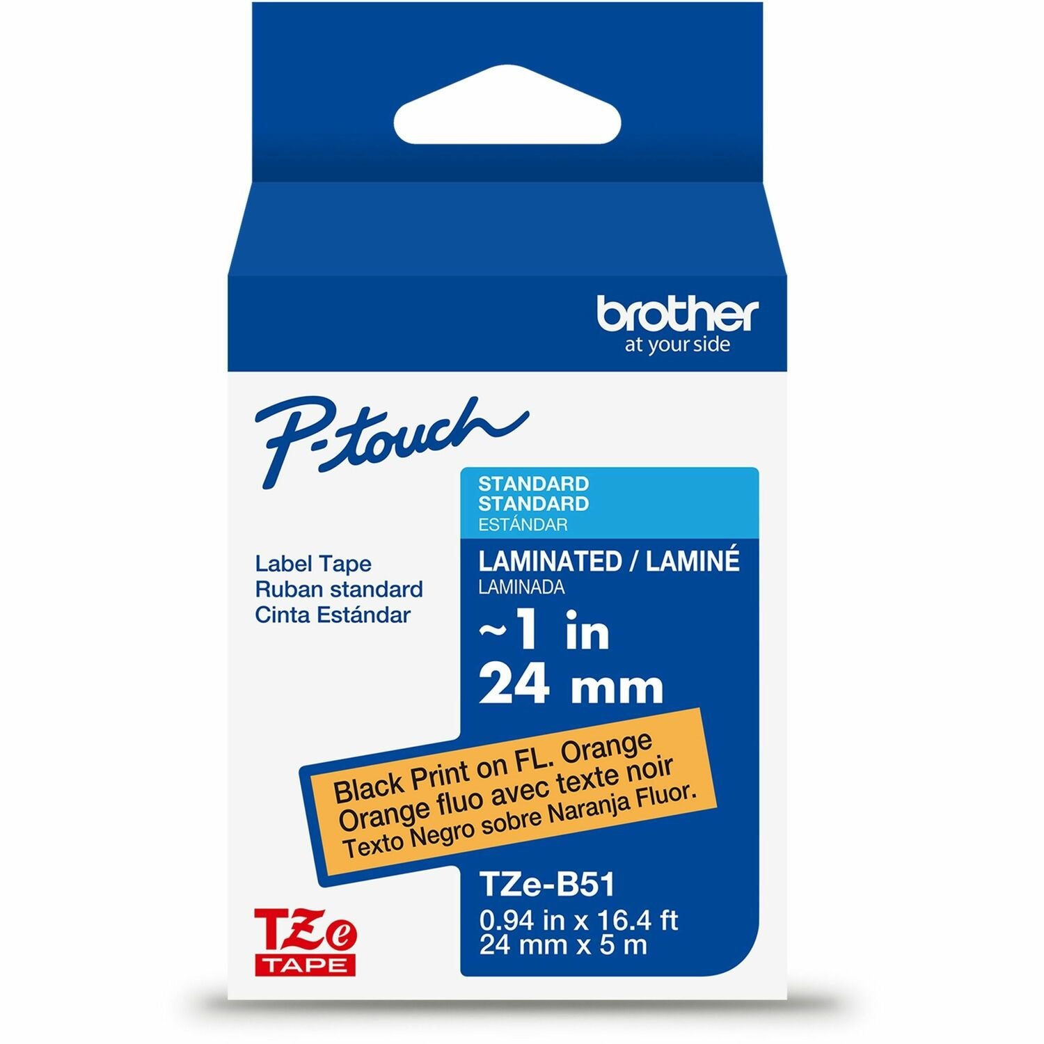Brother Genuine P-touch TZeB51 BK on FLUOR ORG Label Tape, Laminated, 24mmX5m