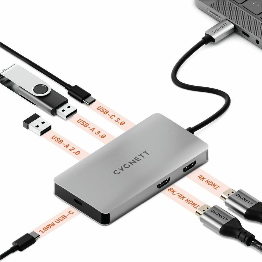 Cygnett Unite 6-In-1 Usb-C Hub Adapter (CY5147HUB61)2xUSB-A 3.0 1xUSB-C 3.0 1 Usb-C 100W PD 2X Hdmi 8K 5GBPS Data Speed, 2 Years Warranty
