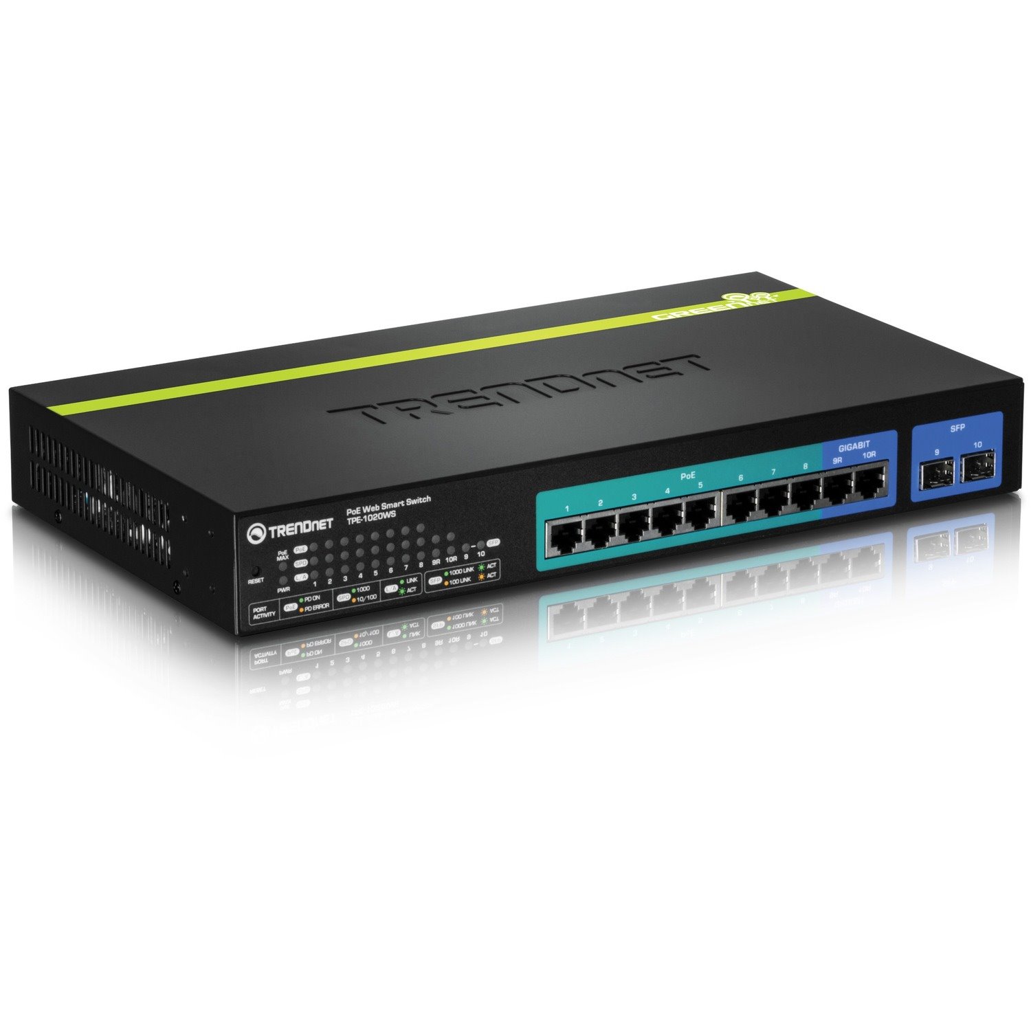 TRENDnet 10-Port Gigabit Web Smart PoE+ Switch, 8 x PoE+ Gigabit Ports, 2 x Gigabit Ethernet Ports, 2 x Shared SFP Slots, 75W Total Power Budget, Rack Mountable, Lifetime Protection, Black, TPE-1020WS