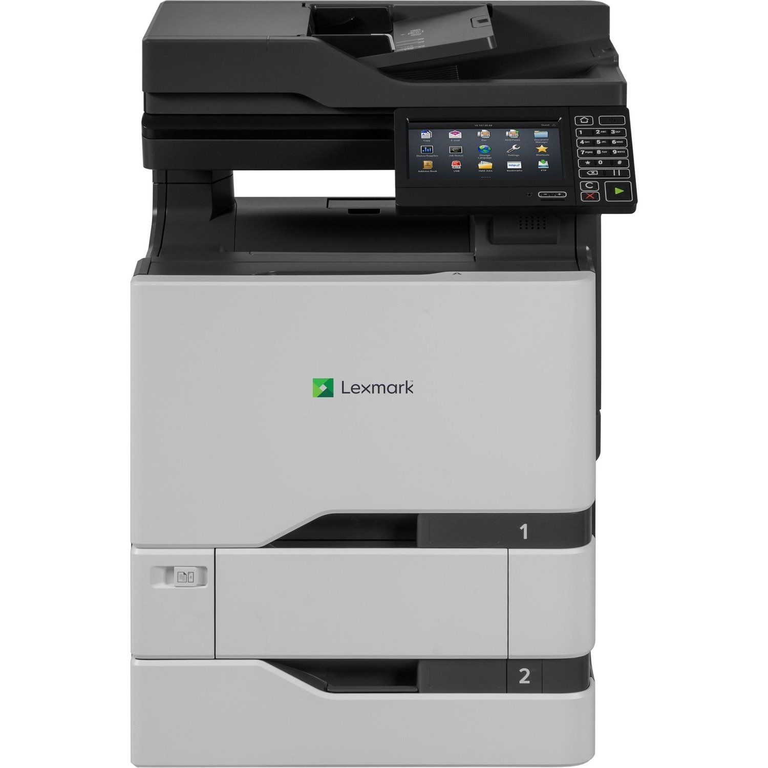 Lexmark CX725dhe Laser Multifunction Printer-Color-Copier/Fax/Scanner-50 ppm Mono/50 ppm Color Print-1200x1200 Print-Automatic Duplex Print-150000 Pages Monthly-1200 sheets Input-Color Scanner-600 Optical Scan-Color Fax-Gigabit Ethernet